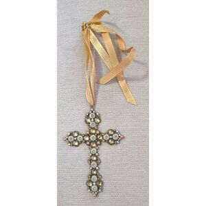 Beaded Cross Ornament With Gold & Pearl Accents On Ribbon Hanger For Wall 5"H